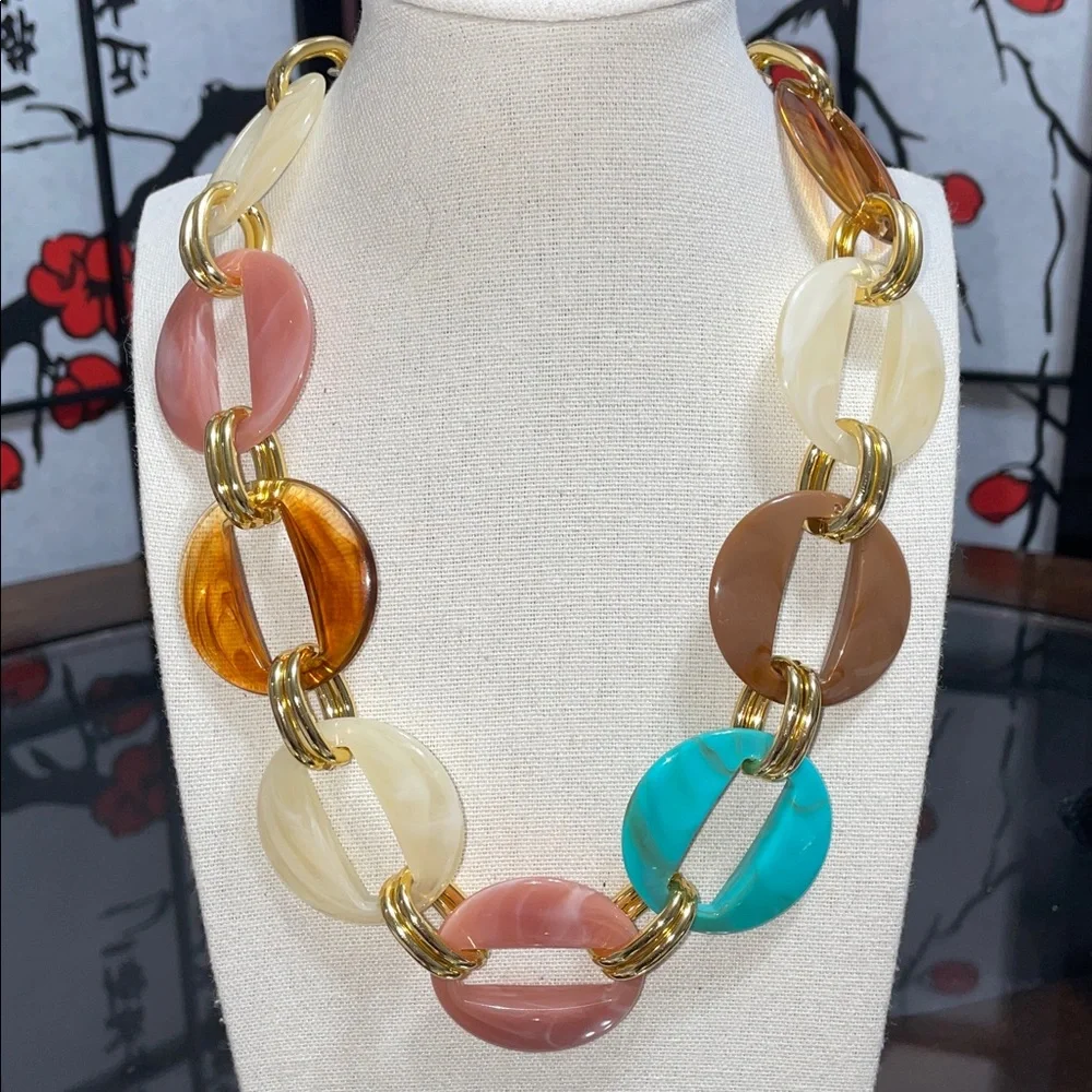 Multicolor Resin & Gold-Link Statement Necklace